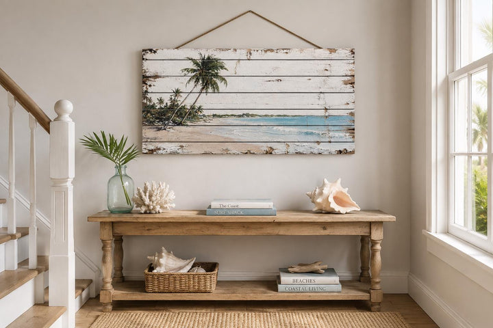 Tropical beach with palm trees printed on distressed whitewashed wood planks with a rope hanger.