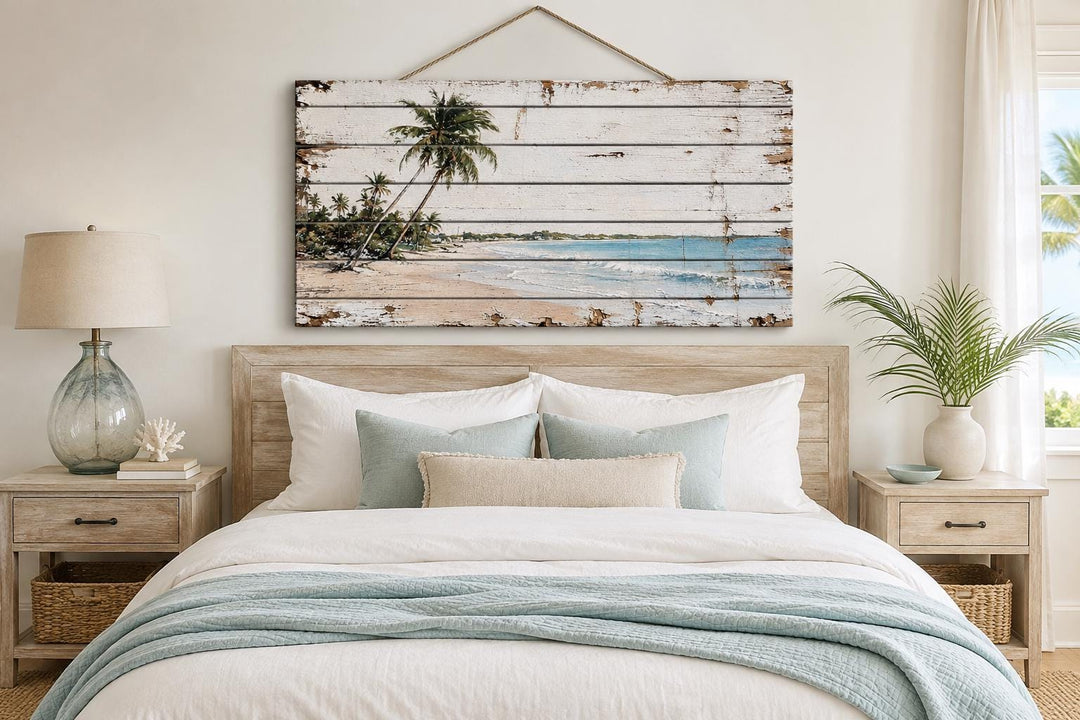 Tropical beach with palm trees on distressed whitewashed wood wall art hanging above a bed.