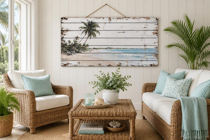 Tropical beach with palm trees distressed wood wall art hanging above a wicker sofa in a sunroom.