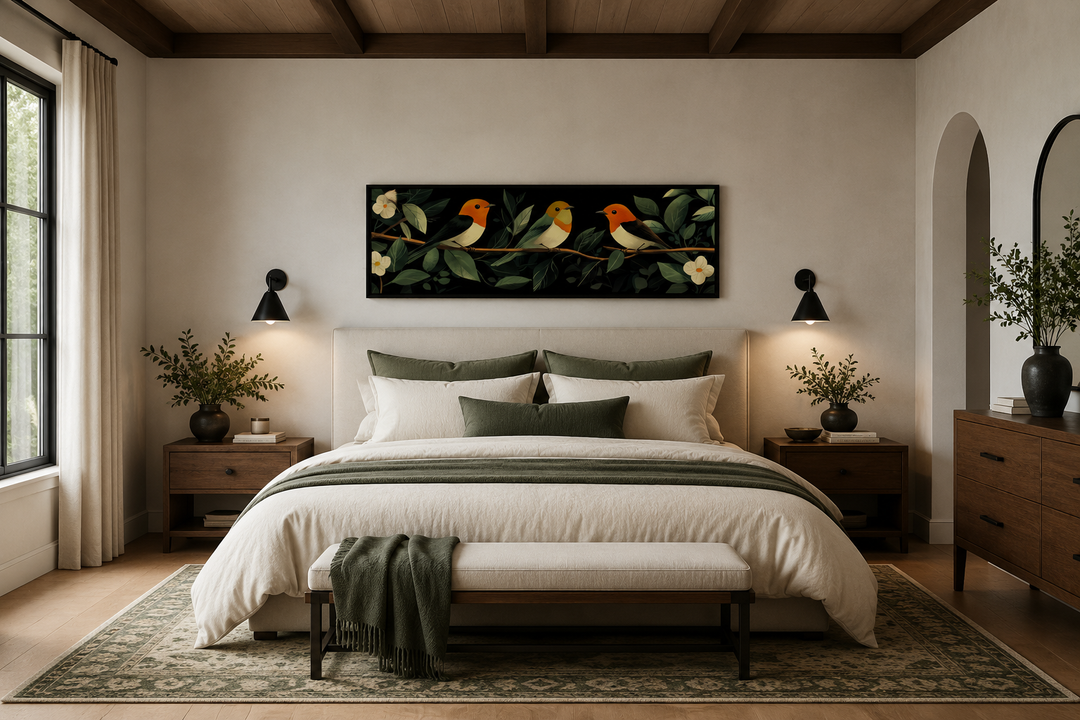 Long horizontal canvas print of three colorful tropical birds on a branch above a bed.