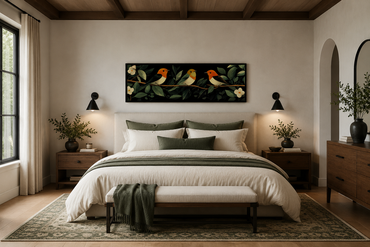 Long horizontal canvas print of three colorful tropical birds on a branch above a bed.