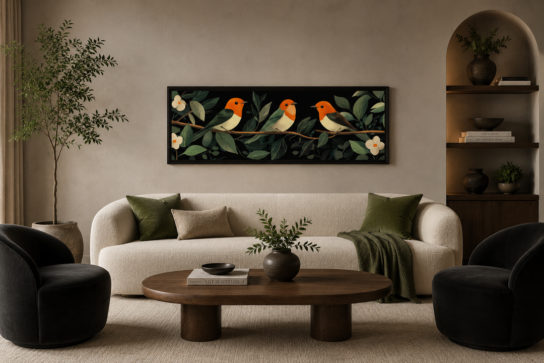 Horizontal canvas print of three orange-headed birds on a branch with green leaves and white flowers