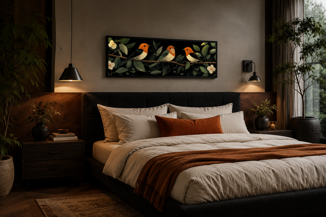 Tropical birds wall art canvas print featuring colorful birds on a branch above a bed.