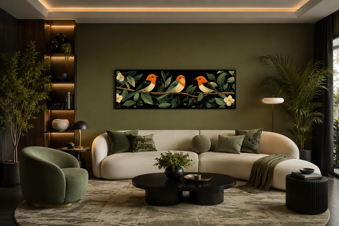 Tropical birds wall art canvas print featuring colorful birds on a branch above a white sofa.