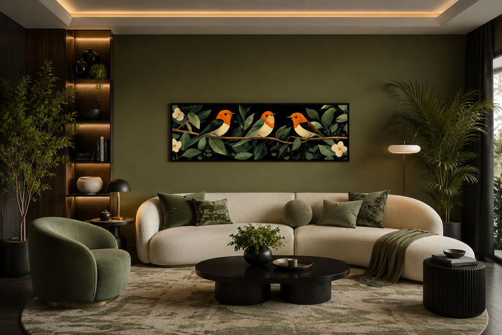 Tropical birds wall art canvas print featuring colorful birds on a branch above a white sofa.