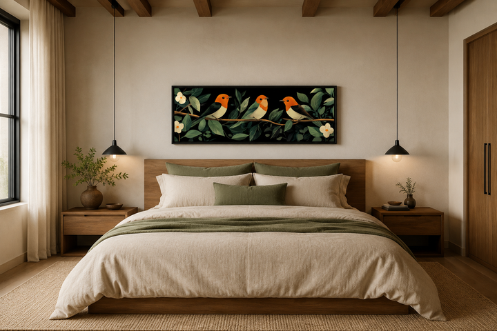 Tropical birds canvas print featuring three colorful birds on a branch above a modern bed.