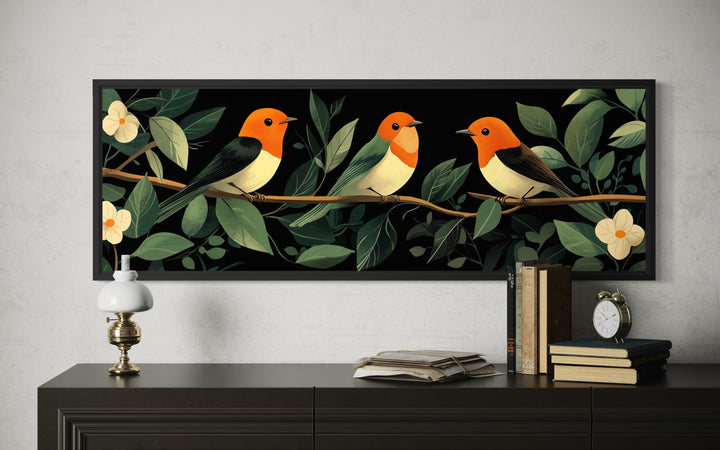 Panoramic wall art of three colorful tropical birds on a branch with green leaves and white flowers.