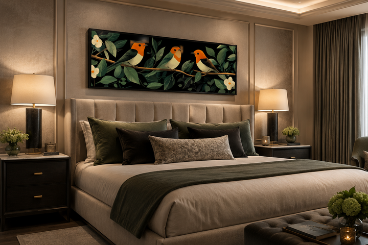 Tropical birds wall art canvas print featuring three orange and green birds on a branch above a bed.