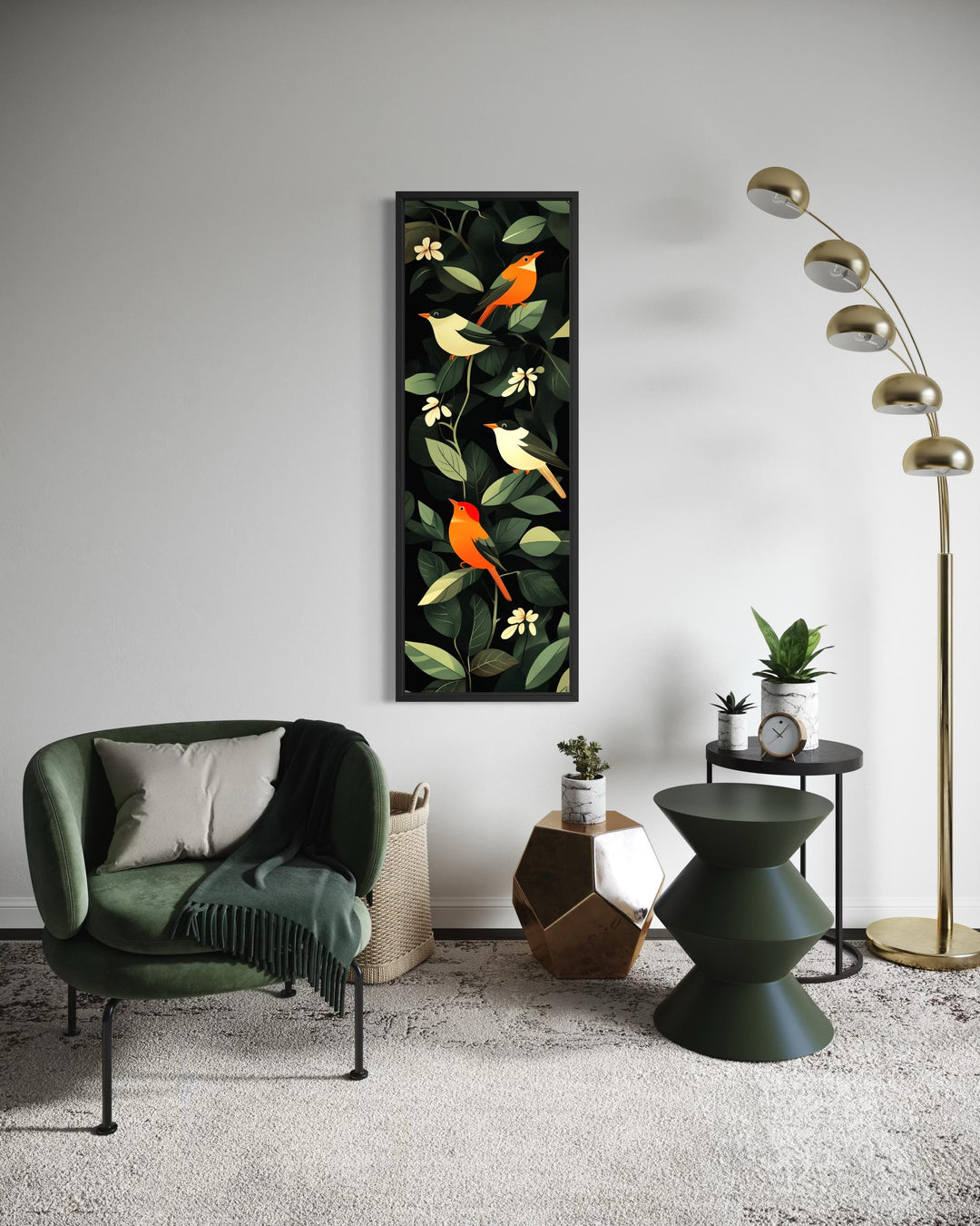 Vertical narrow canvas wall art featuring colorful tropical birds and lush green leaves.