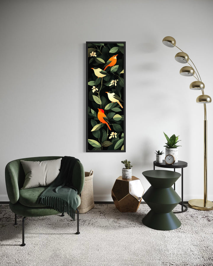 Vertical narrow canvas wall art featuring colorful tropical birds and lush green leaves.