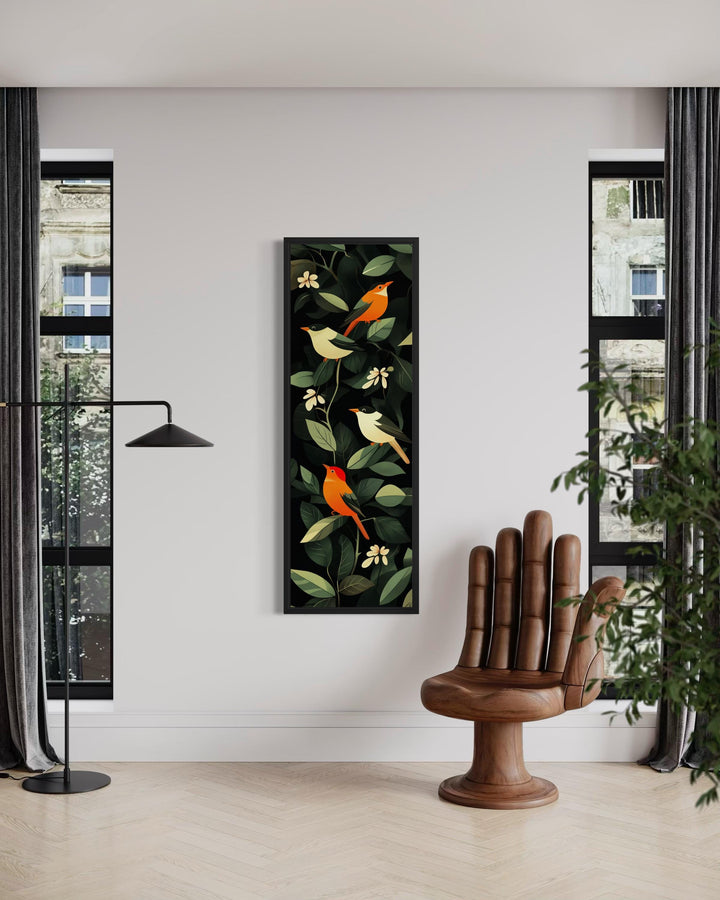 Vertical narrow canvas wall art featuring colorful tropical birds and lush green foliage.