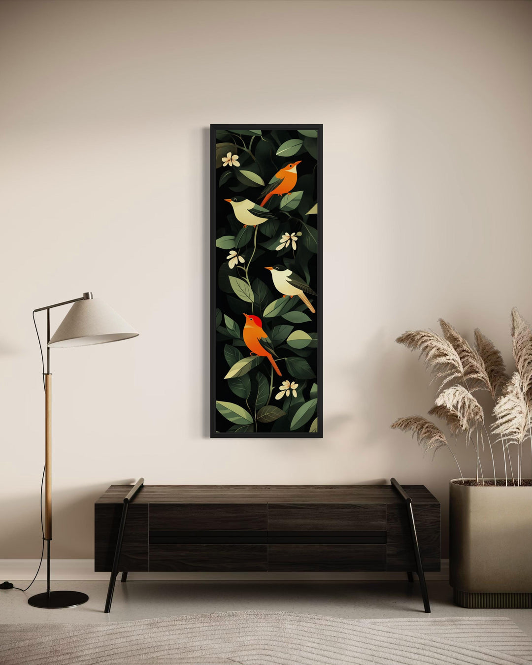 Vertical narrow canvas wall art featuring colorful tropical birds and leaves in a black frame.