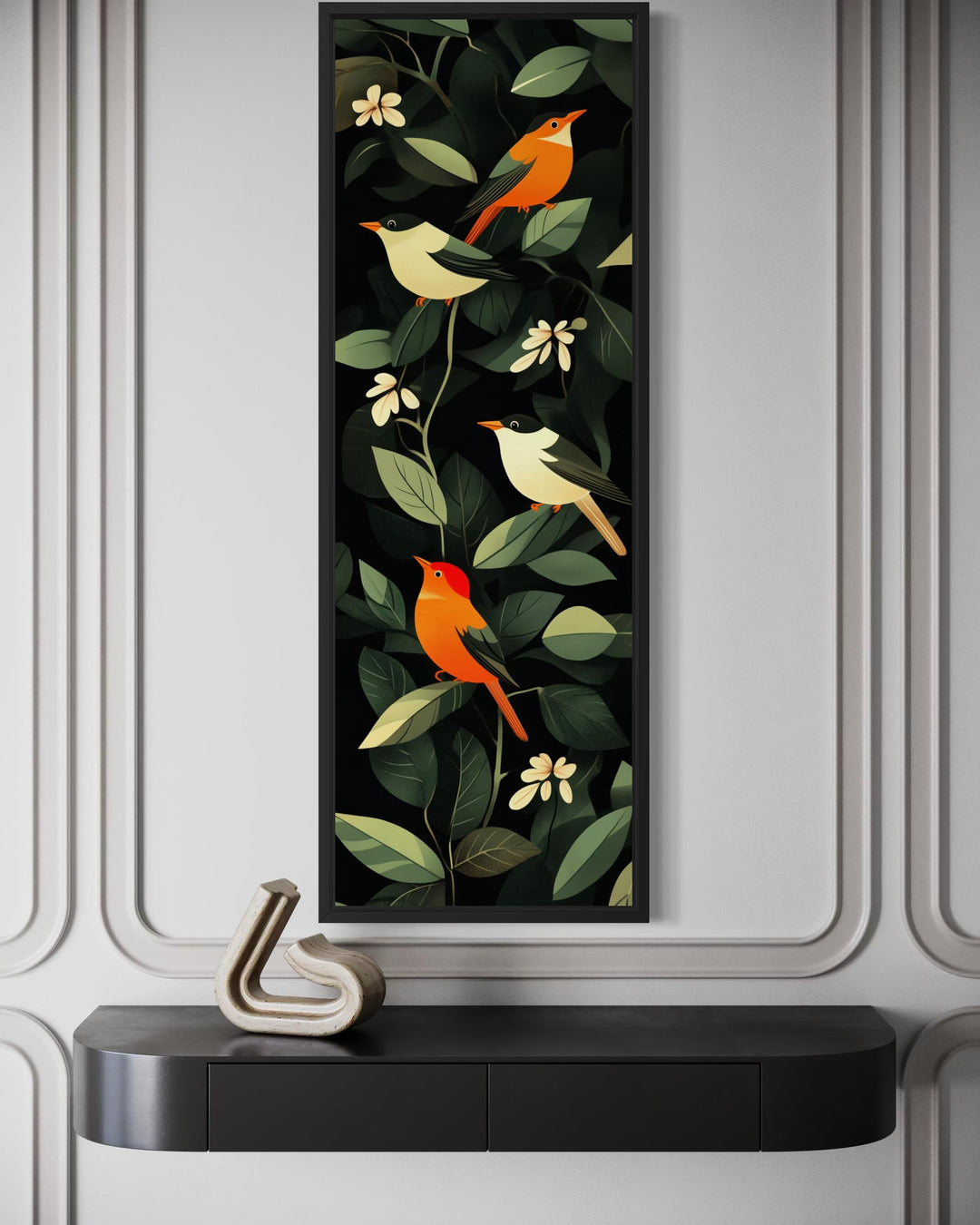 Vertical narrow canvas wall art featuring colorful tropical birds perched among lush green leaves.