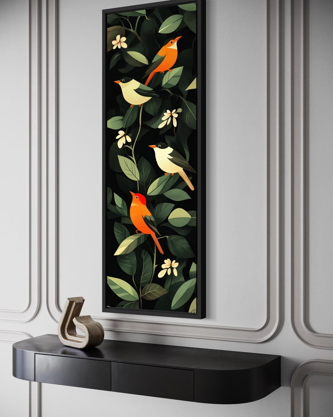 Vertical narrow canvas wall art featuring colorful tropical birds perched among lush green leaves.