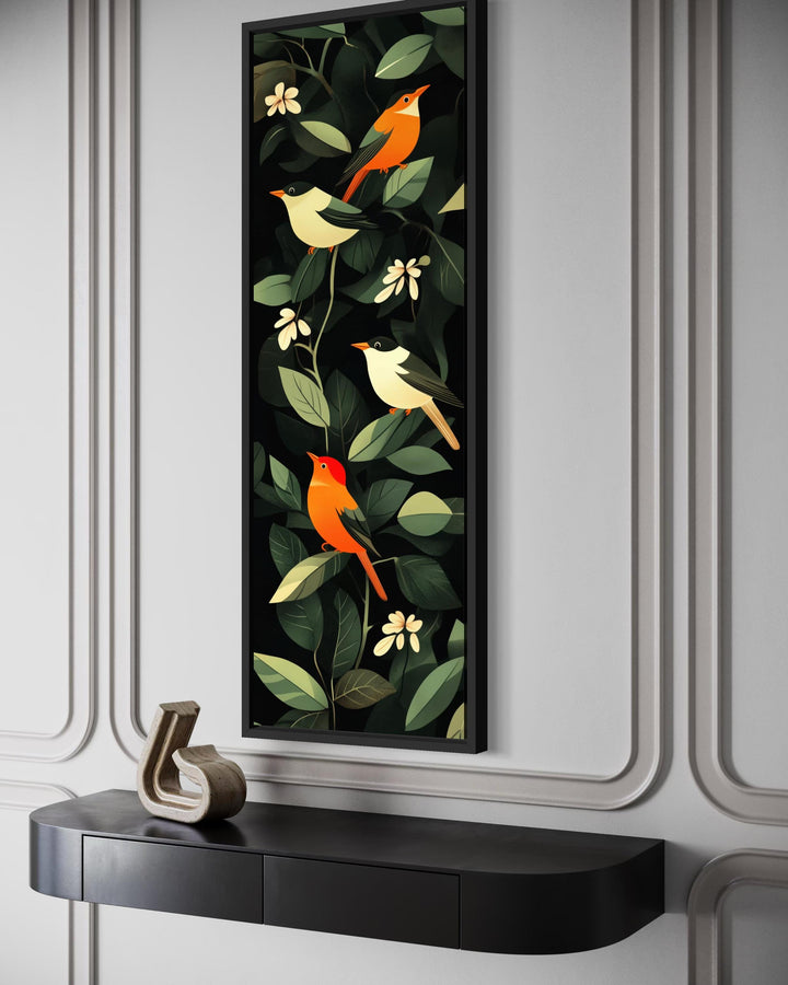 Vertical narrow canvas wall art featuring colorful tropical birds perched among lush green leaves.