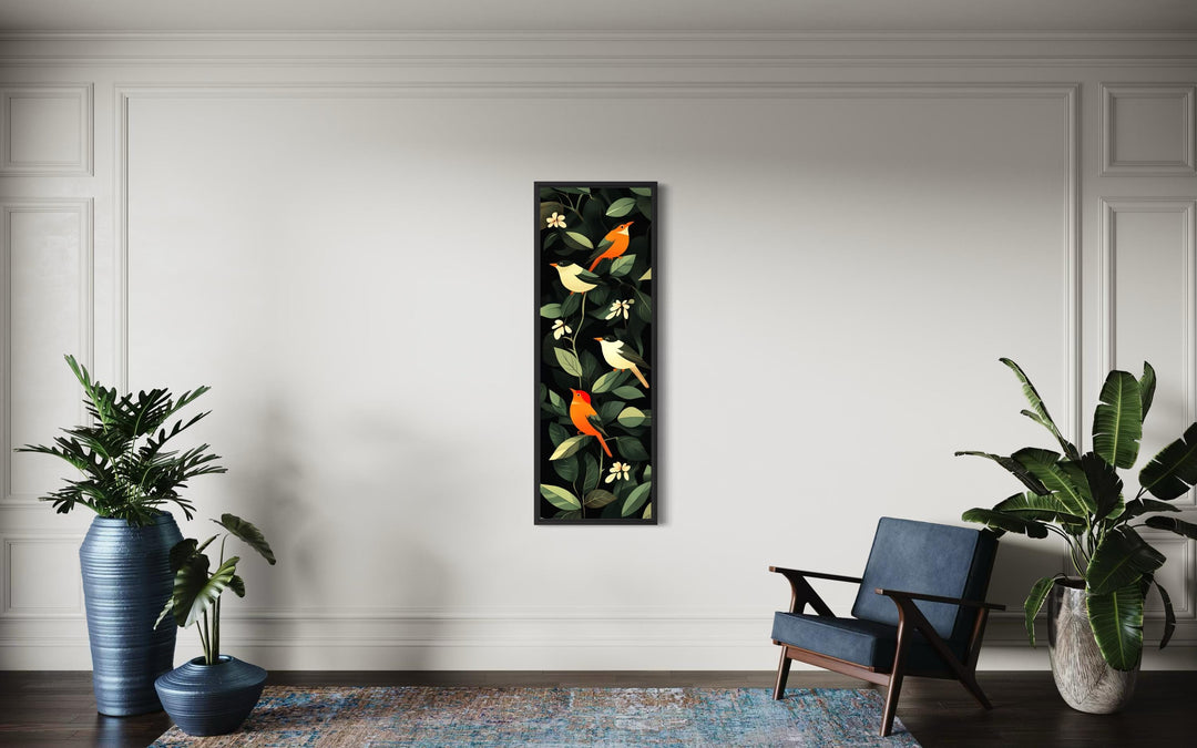 Vertical narrow canvas wall art featuring colorful tropical birds perched among dark green leaves.