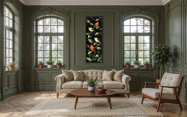 Vertical narrow canvas wall art featuring colorful tropical birds perched among lush green leaves.