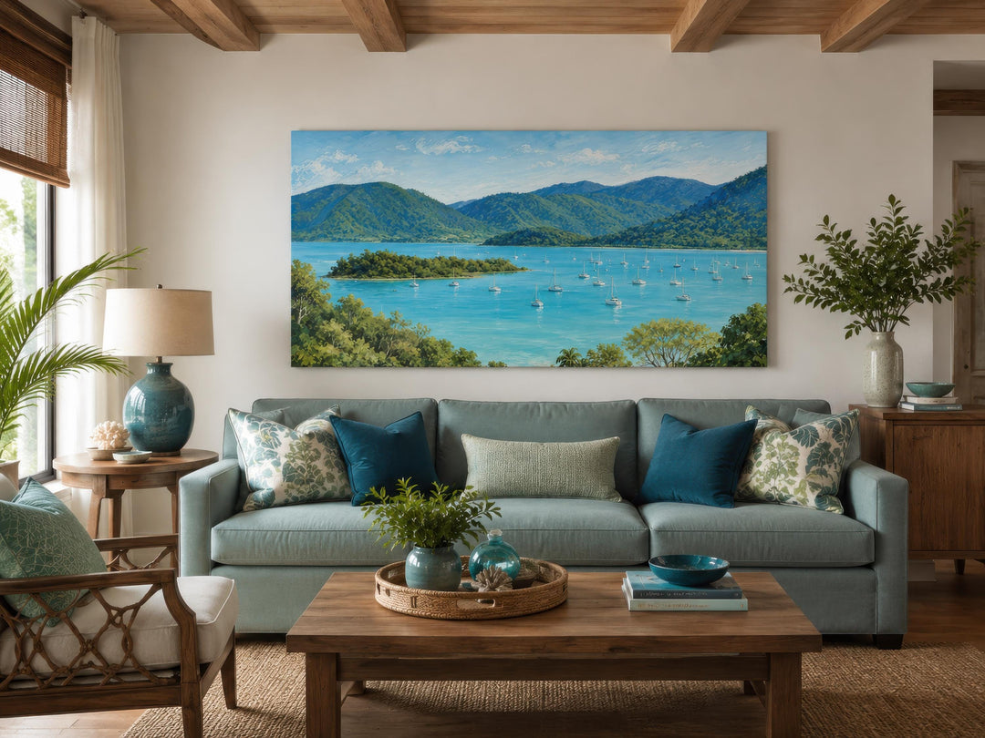 Large horizontal canvas print of a turquoise tropical bay with sailboats and lush green islands.