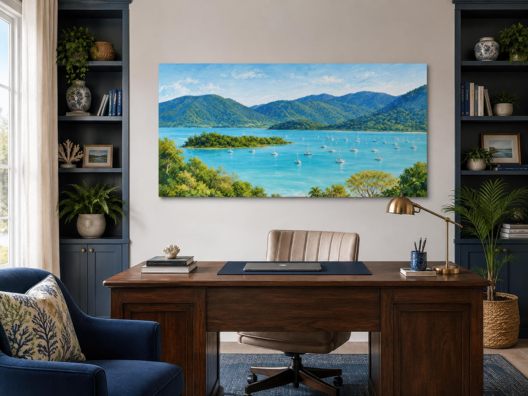 Tropical coastal canvas print of a turquoise bay with sailboats and lush green islands.