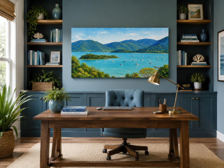 Tropical coastal canvas wall art featuring a turquoise bay with sailboats and lush green islands.
