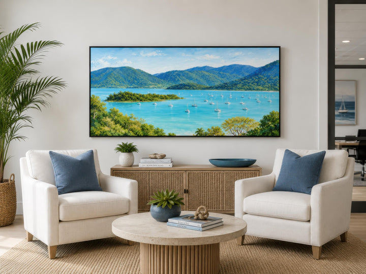 Tropical coastal canvas art featuring a turquoise bay with sailboats and lush green islands.