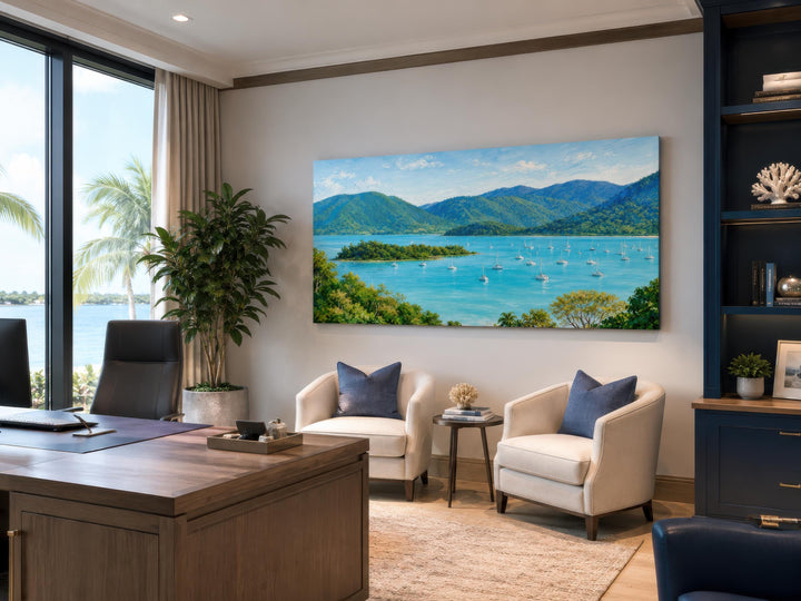 Large horizontal canvas art of a turquoise bay with sailboats and lush green tropical islands.