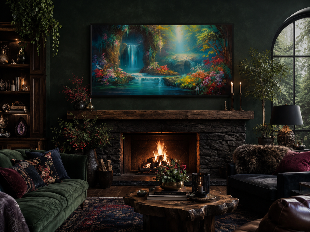 Tropical forest waterfall canvas print hanging above a fireplace in a cozy, dark-toned living room.