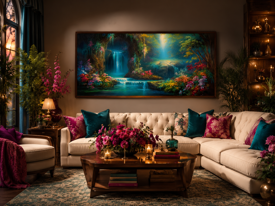 Tropical forest wall art featuring a magical waterfall canvas print in a living room setting.
