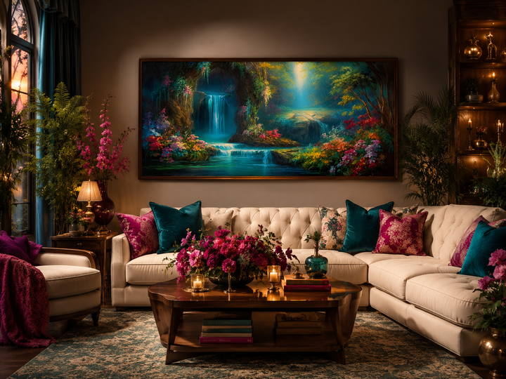 Tropical forest wall art featuring a magical waterfall canvas print in a living room setting.