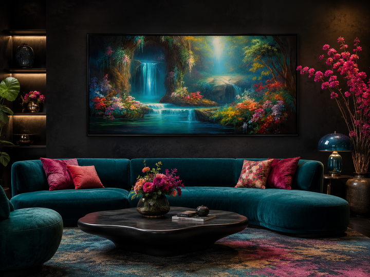 Tropical forest wall art featuring a magical waterfall canvas print above a teal velvet sofa.