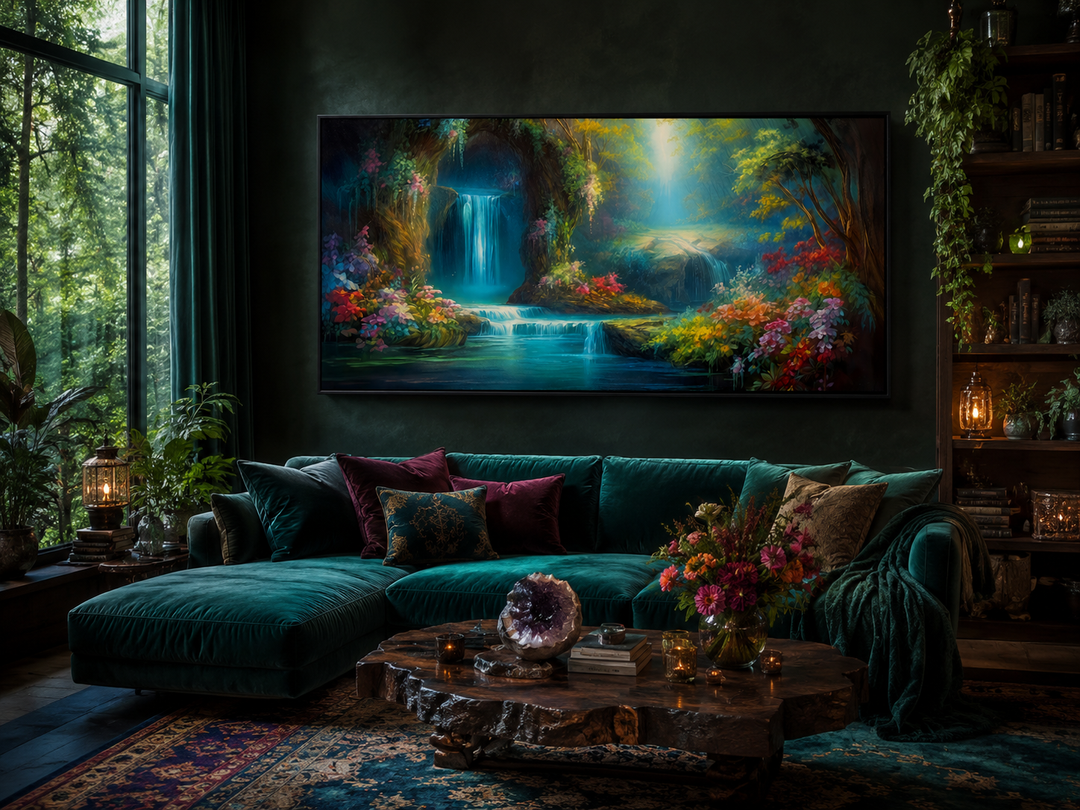 Tropical forest wall art featuring a magical waterfall canvas print in a dark, moody living room.