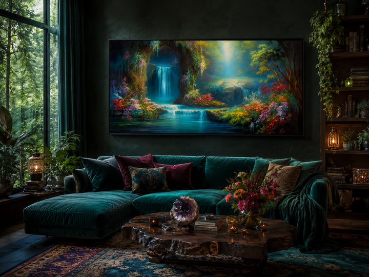 Tropical forest wall art featuring a magical waterfall canvas print in a dark, moody living room.
