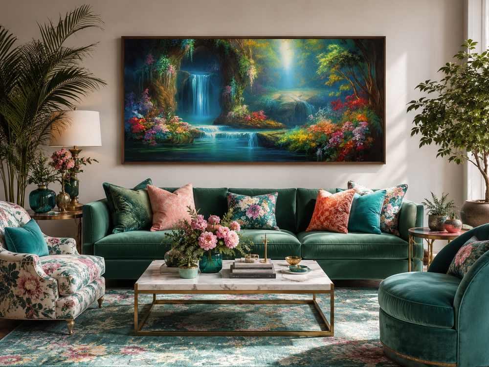 Tropical forest wall art featuring a magical waterfall painting above a green velvet sofa.