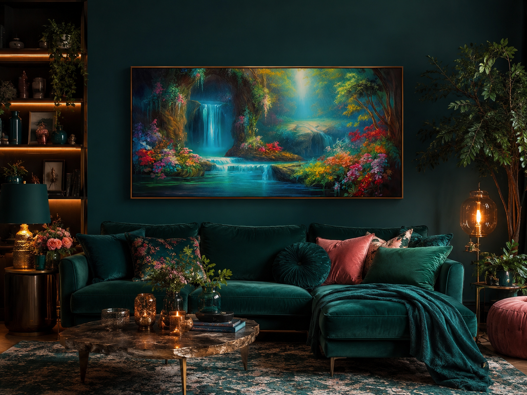 Tropical forest wall art featuring a magical waterfall canvas print above a dark green velvet sofa.
