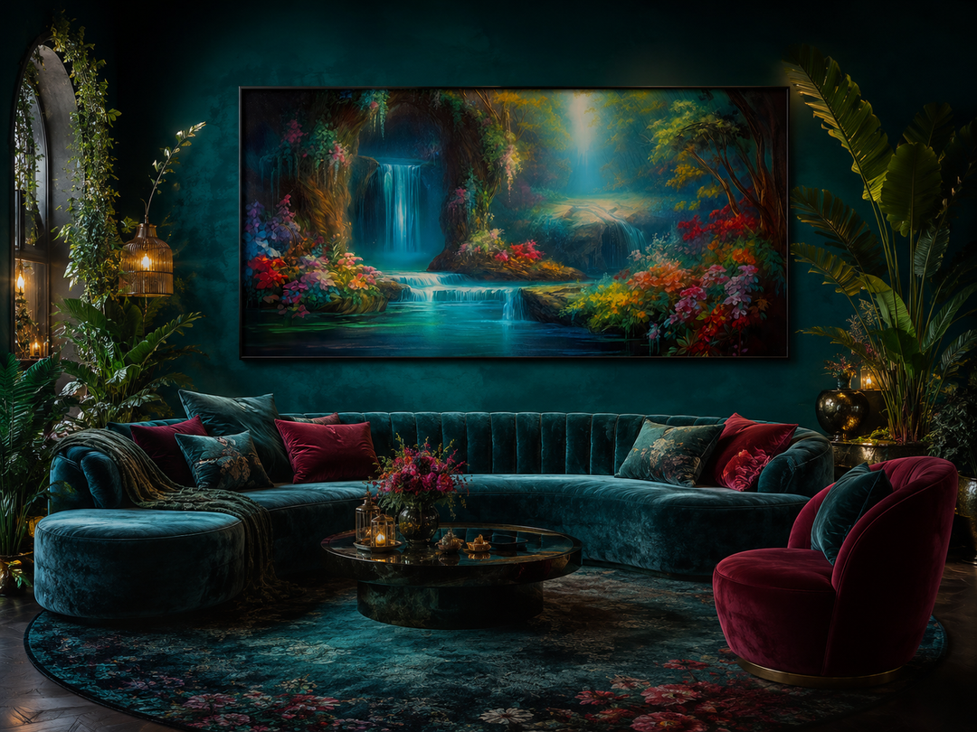 Tropical forest wall art featuring a magical waterfall and vibrant flora in a dark teal living room.