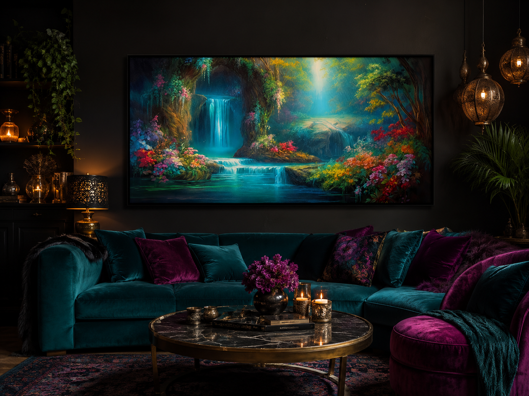 Tropical forest wall art featuring a magical waterfall canvas print in a dark, moody living room.