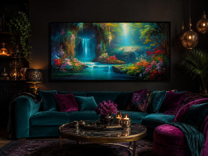 Tropical forest wall art featuring a magical waterfall canvas print in a dark, moody living room.