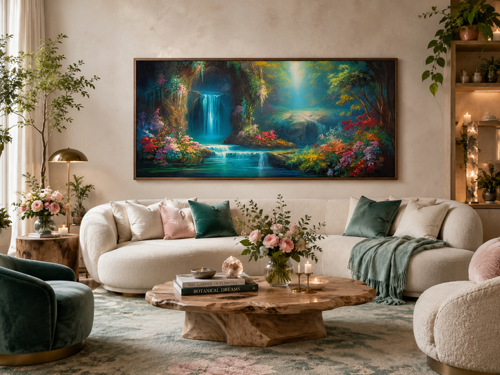 Tropical forest wall art featuring a magical waterfall canvas print in a cozy living room setting.