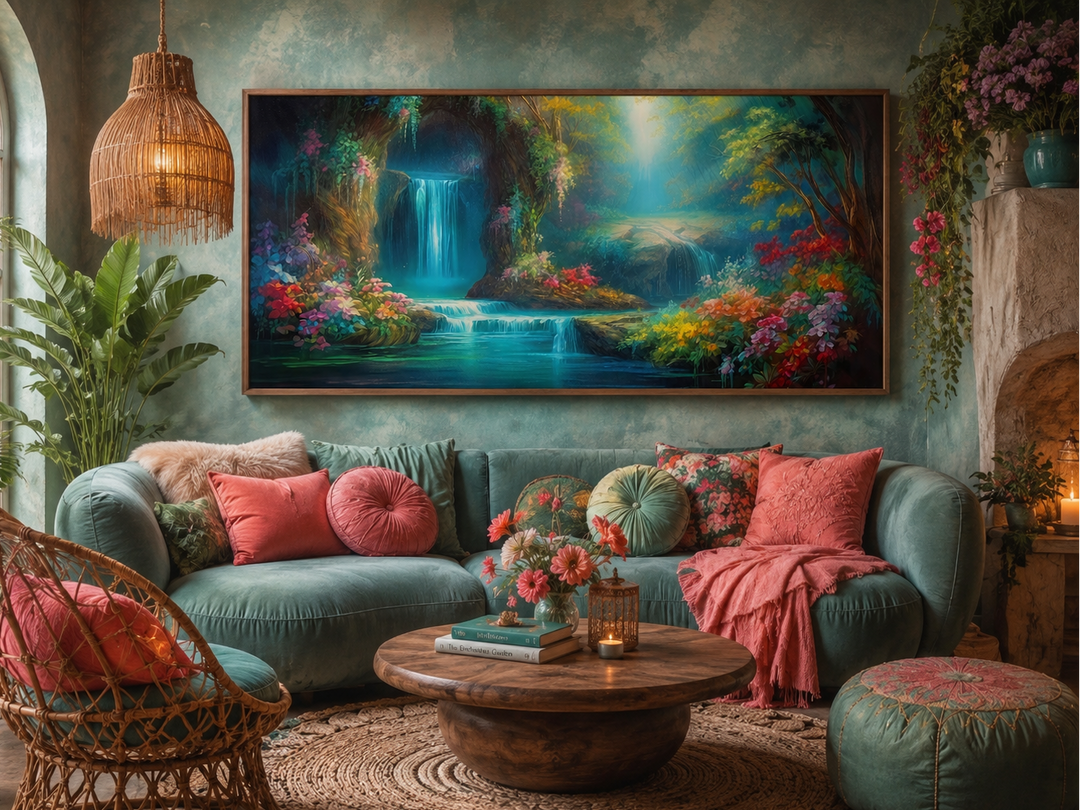 Tropical forest wall art featuring a magical waterfall canvas print in a cozy living room setting.