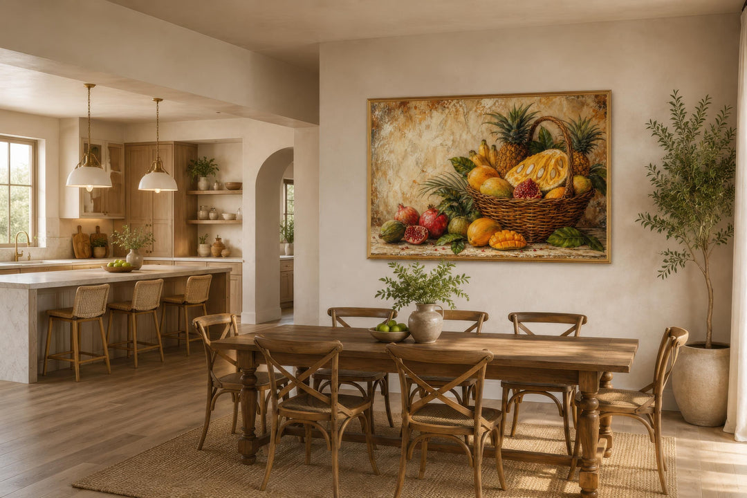 Tropical fruit basket canvas wall art featuring pineapple, mango, and pomegranate in a dining room.