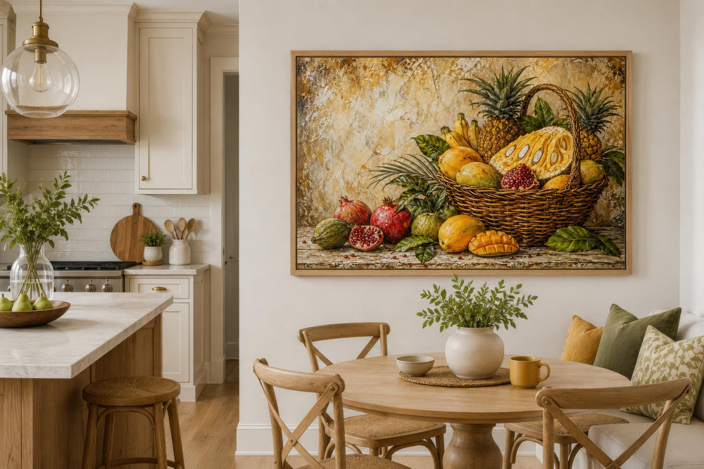 Tropical fruit basket wall art featuring pineapple, mango, and pomegranate in a dining room setting.