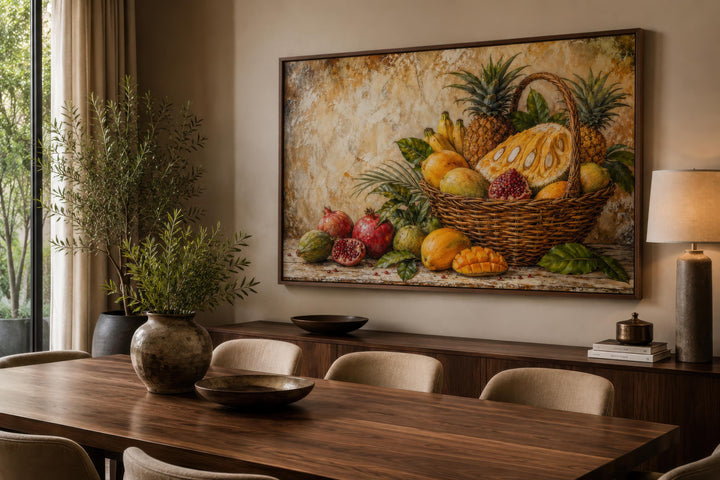 Tropical Fruit Basket wall art featuring pineapple, mango, and pomegranate in a dining room.