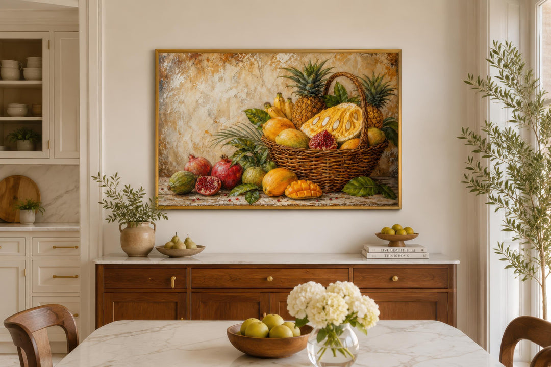 Tropical fruit basket wall art featuring pineapple, mango, and pomegranate in a dining room.