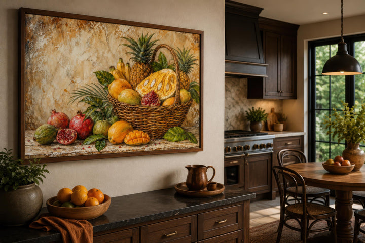 Tropical fruit basket wall art featuring pineapple, mango, and pomegranate in a kitchen setting.