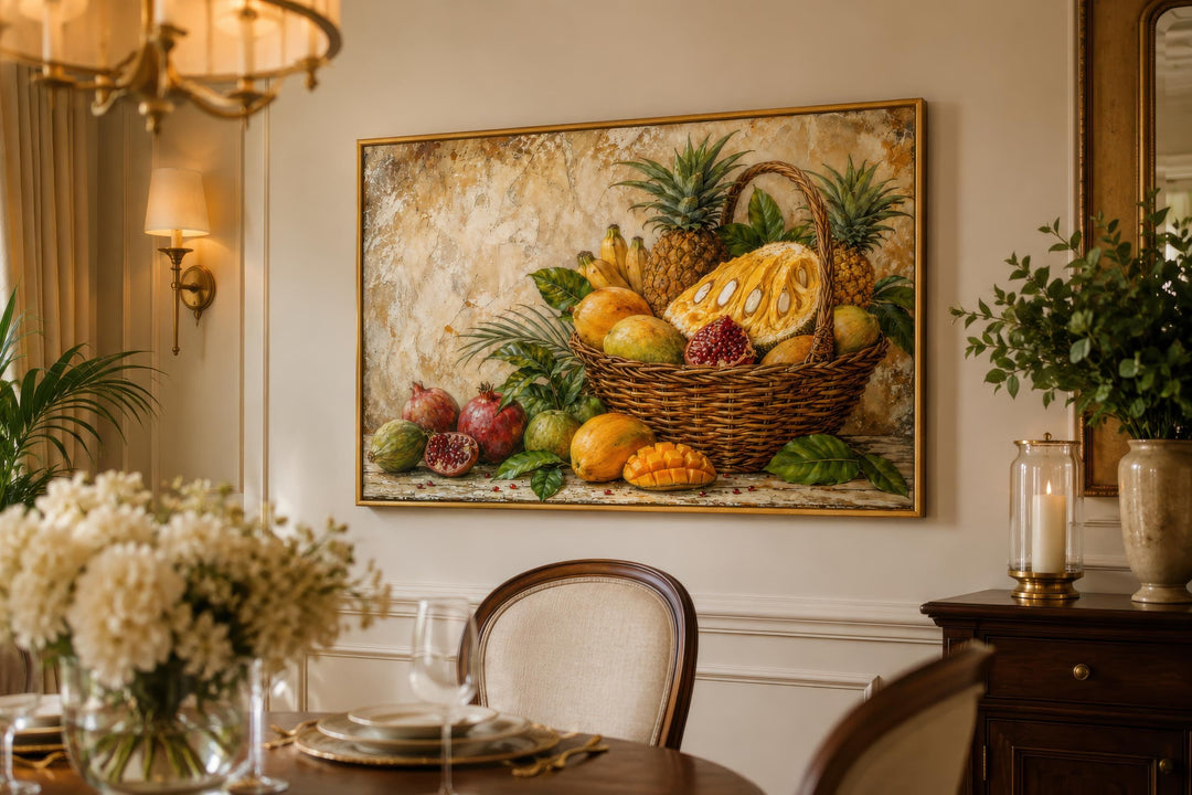 Tropical fruit basket wall art featuring pineapple, mango, and pomegranate in a dining room.