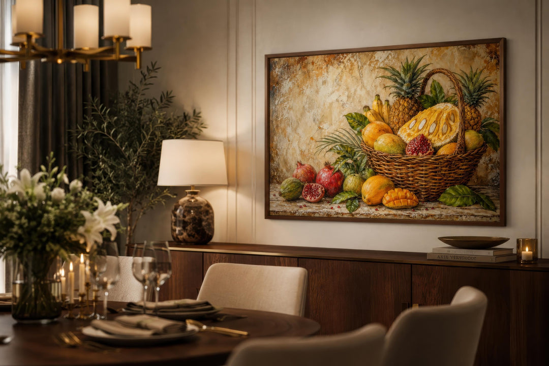 Tropical fruit basket wall art featuring pineapple, mango, and pomegranate in a dining room setting.