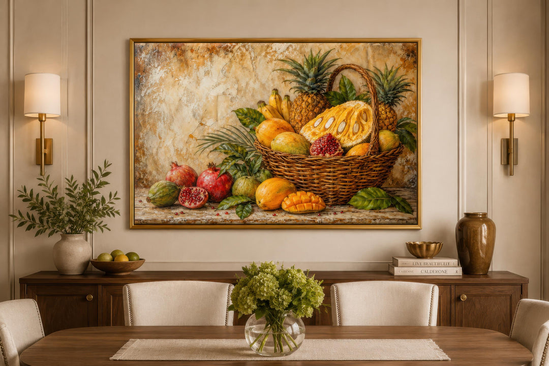 Tropical fruit basket wall art featuring pineapple, mango, and pomegranate in a dining room setting.