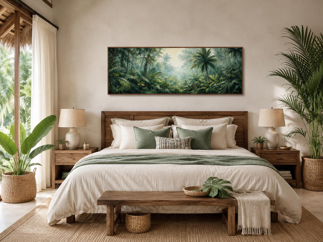 Tropical Jungle Canvas featuring a misty rainforest with palm trees above a bed in a bedroom.