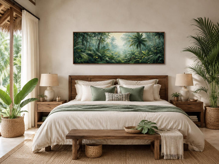 Tropical Jungle Canvas featuring a misty rainforest with palm trees above a bed in a bedroom.