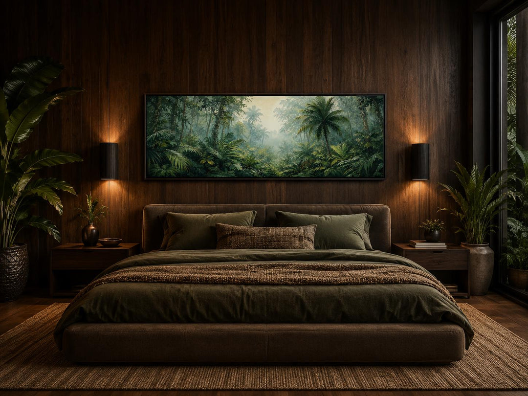 Horizontal canvas of a misty tropical jungle with palm trees hanging above a bed in a dark room.